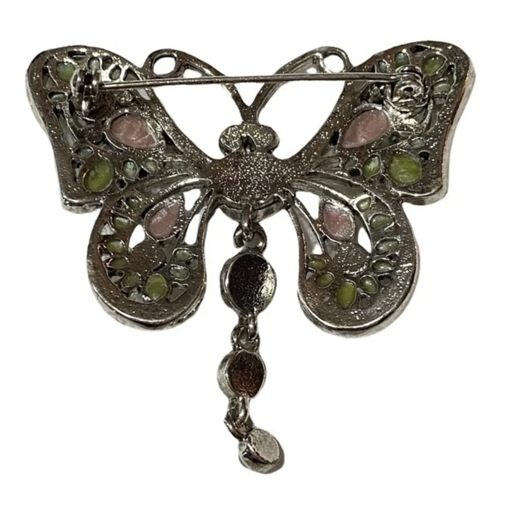 Fiber Optic Silver Tone Rhinestone Enamel Butterfly Statement Piece Brooch Pin